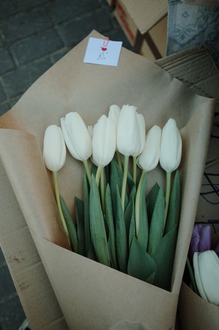 A bouquet of fresh white tulips with long green stems and smooth petals, arranged neatly and wrapped in brown kraft paper. The tulips are positioned on a flat surface, likely at a florist's shop or de